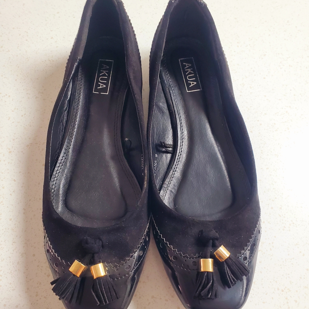 Akua Black Leather Flats with Gold Accents